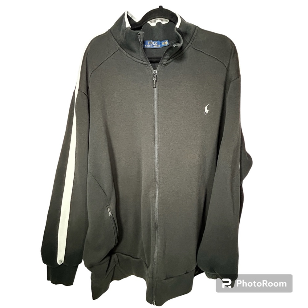 Polo Ralph Lauren Mens 3XLT Full Zip Jacket Sweatshirt Black White Stripe Pony